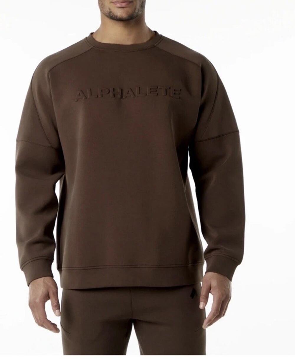 Alphalete Men's ELMTS Crewneck Pullover Sweatshirt Sz L Chocolate Brown Spellout